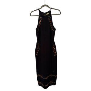 Black Embroidered Floral Bodycon Midi Dress